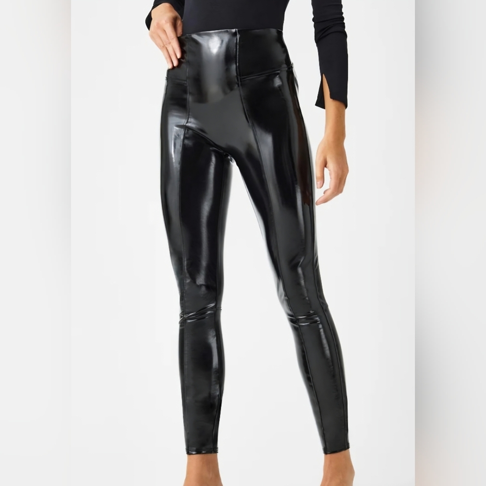 SPANX Black Faux Patent Leather Leggings Size Medium M